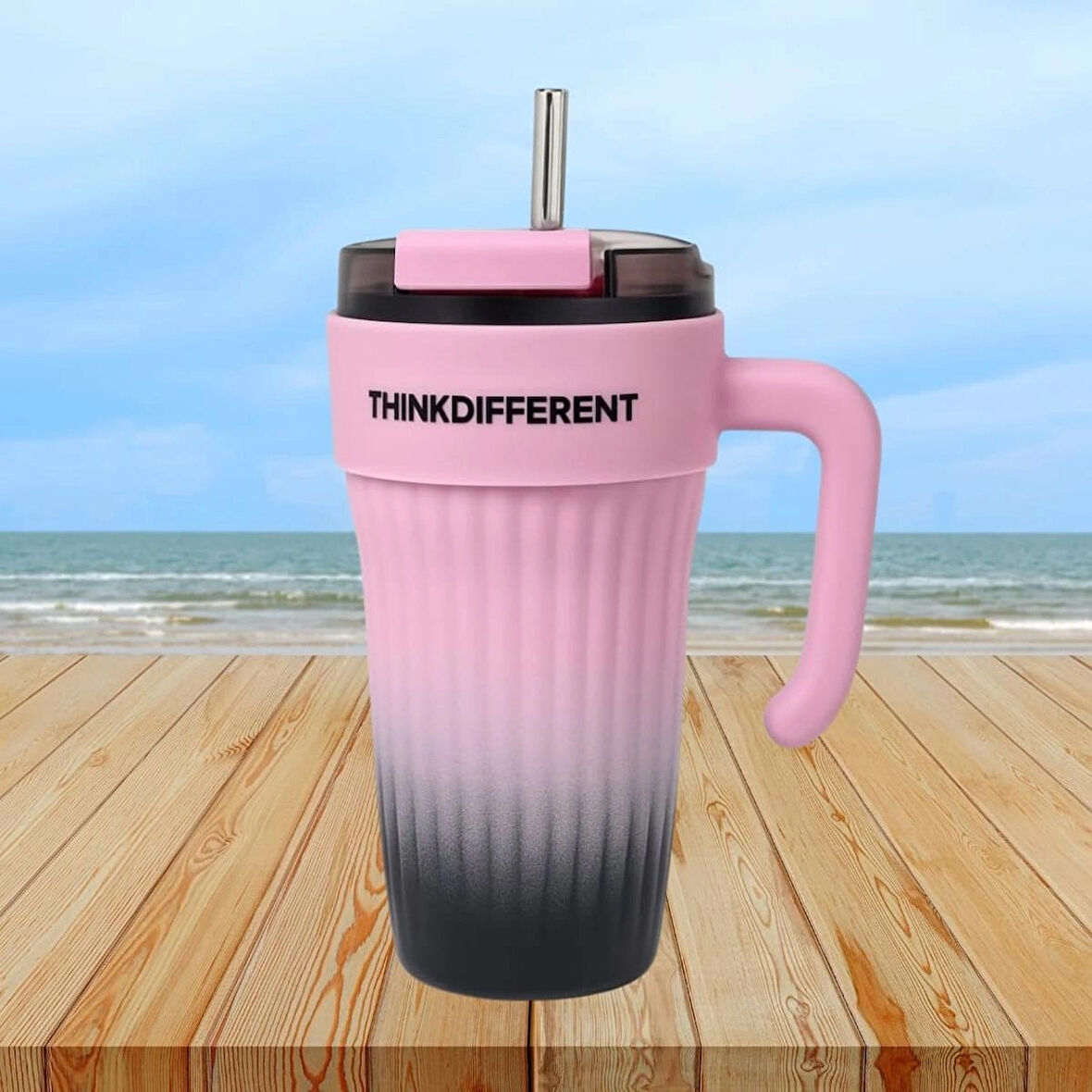 Bondy Think Different Kulplu Kapaklı Büyük Boy Mug 860 ml - Pipetli Paslanmaz Çelik Termos Bardak