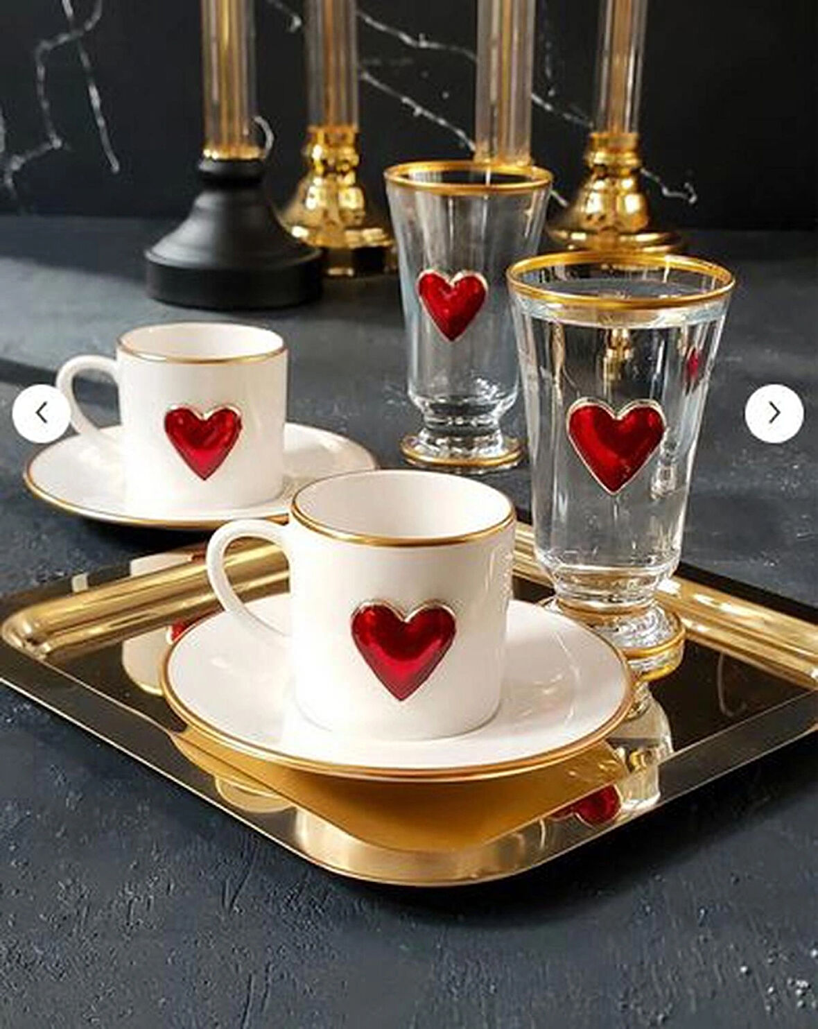 REGNA HOME Fine Living Love 2 Kişilik Dekorlu Kahve Yanı Su Bardaklı Kadehli 6 Parça Kahve Fincan Takımı