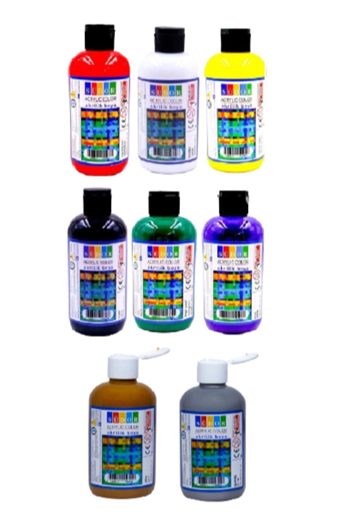 Akrilik Boya 250 Ml 8 Adet 250 ml (Ana Renkler 6ad Gümüş 1 ad Altın 1 ad)