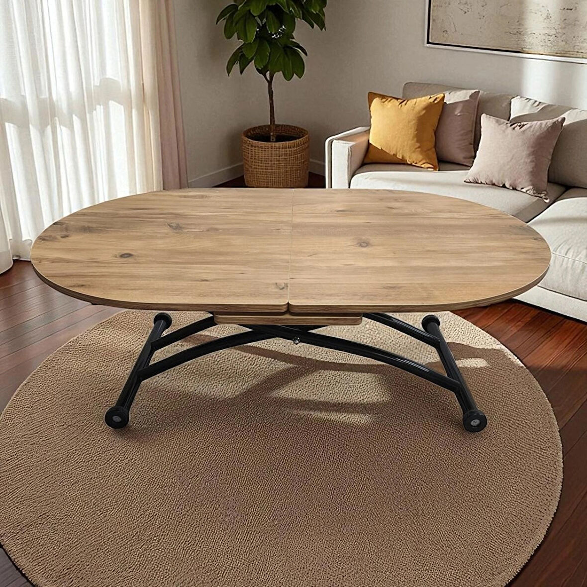 Oval Ortadan Açılır Akıllı Masa Üst Mdf Efesçam Alt Ayak Siyah Renk