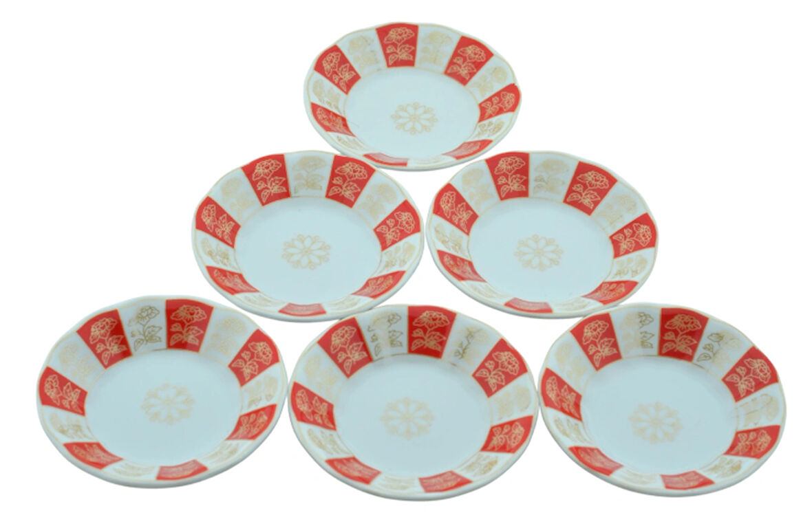 Porselen 6 Kişilik Çiçek Desenli Kırmızı Beyaz Çay Tabağı 11cm