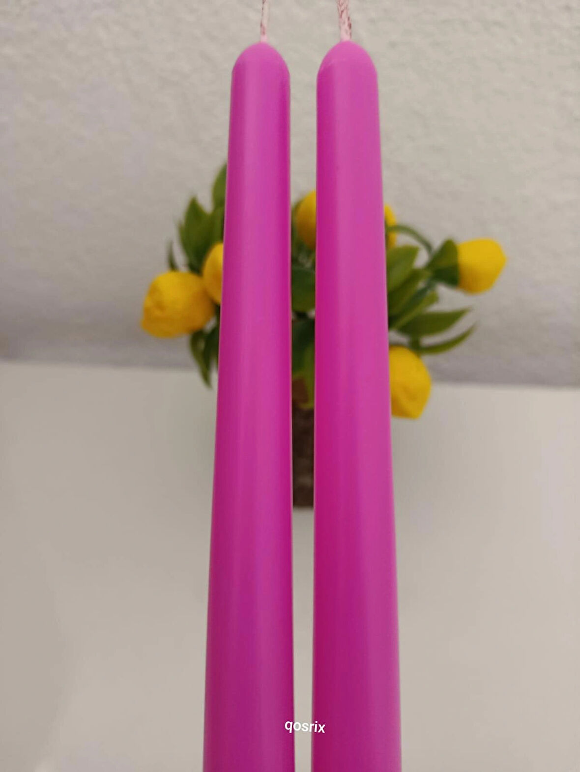 qosrix 2'li Açık Pembe Şamdan Mumu 1. Kalite Soya Doğal Pudra Kokulu Uzun Çubuk Konik Mum Dekoratif