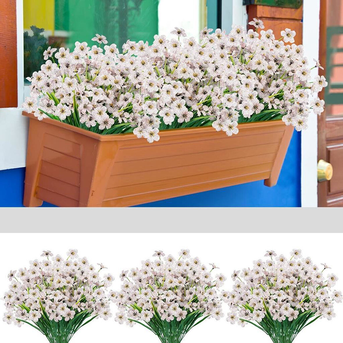 12li Set Yapay Çiçek Sazlı Mine Beyaz Renk 5 Dallı 33cm 