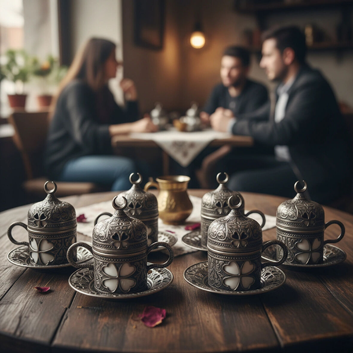 SENA Yonca Desenli 6 Kişilik Porselenli Kapaklı 24 Parça Kalay Renk Fincan Seti