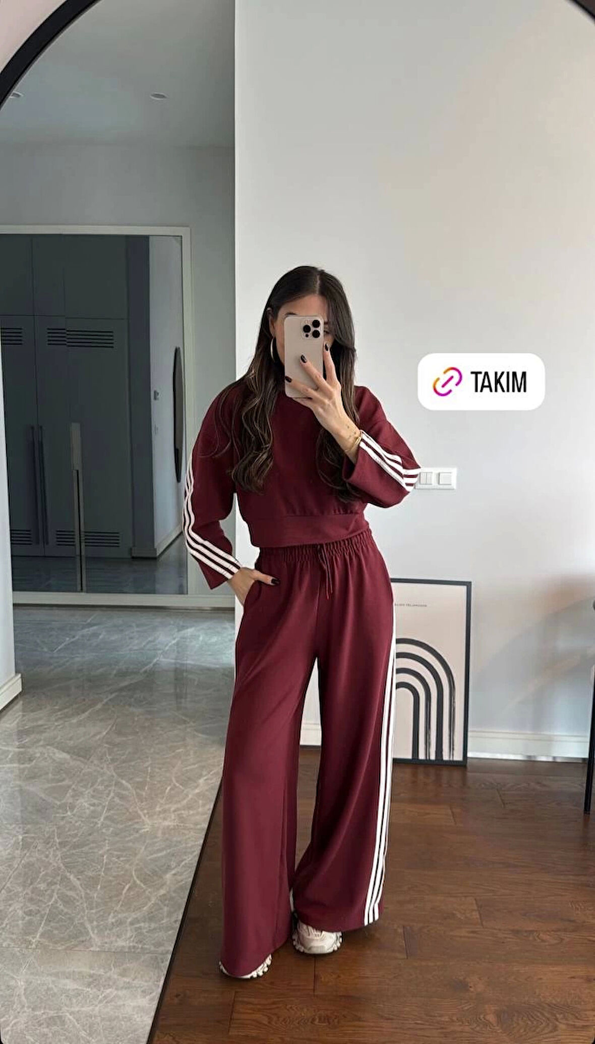 Bordo Yanları Şeritli Crop Sweat Pantolon Kadın Takım
