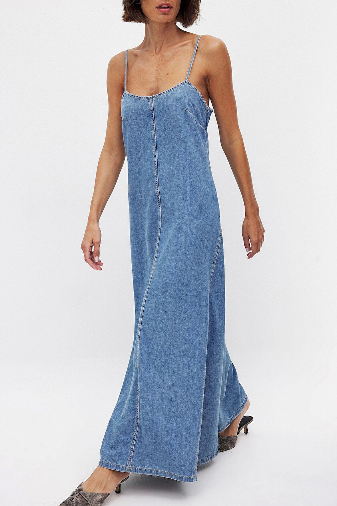 Askılı Uzun Rahat Denim Kadın Elbise