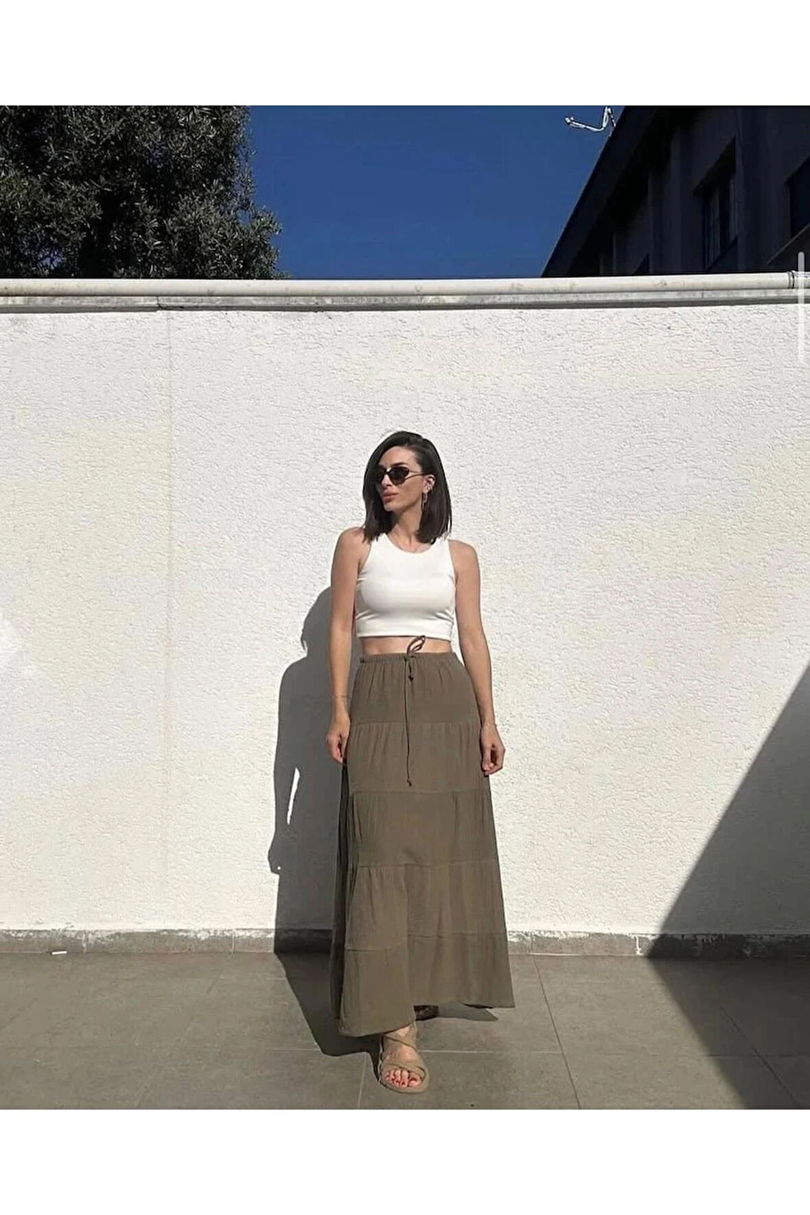 Astarlı Haki Katlı Uzun Etek