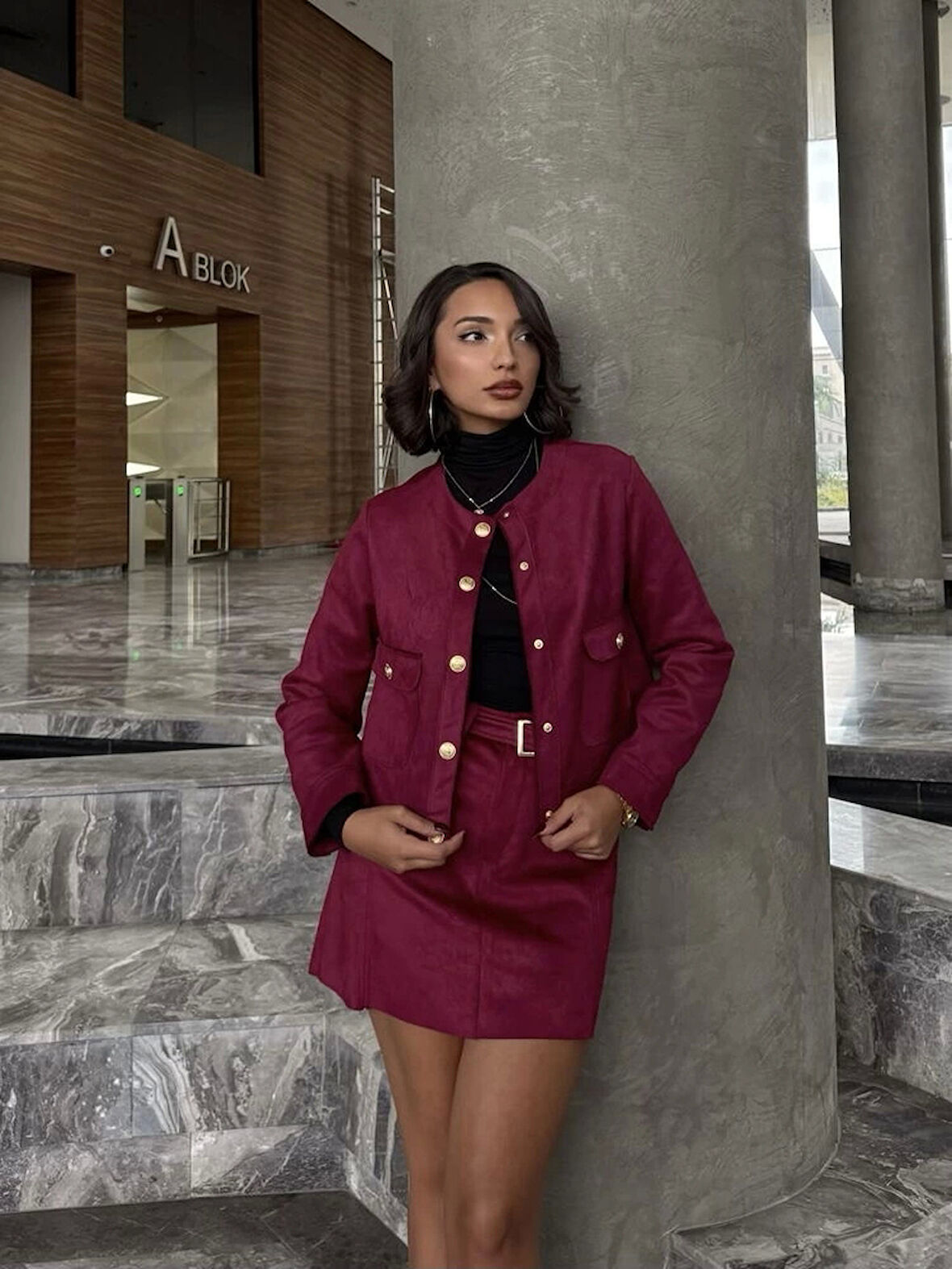 Bordo Süet Cepli Blazer Ceket