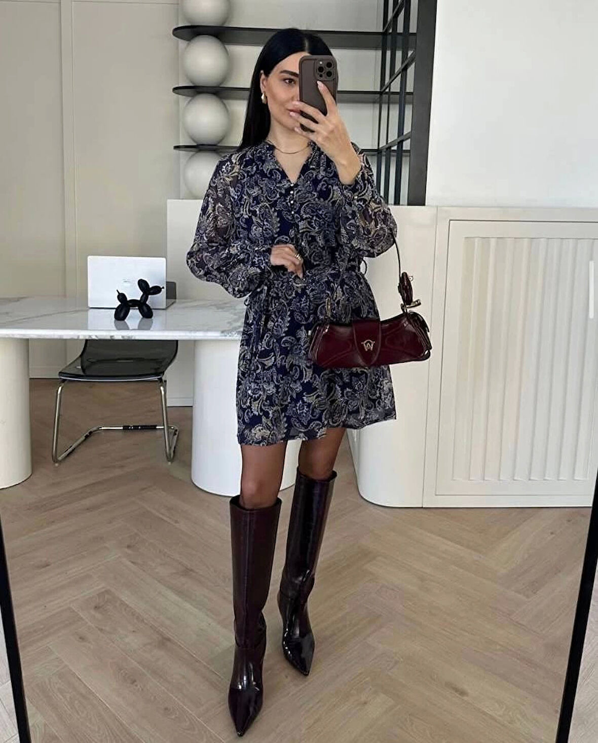 Şal Desen Kuşaklı Şifon Kadın Elbise