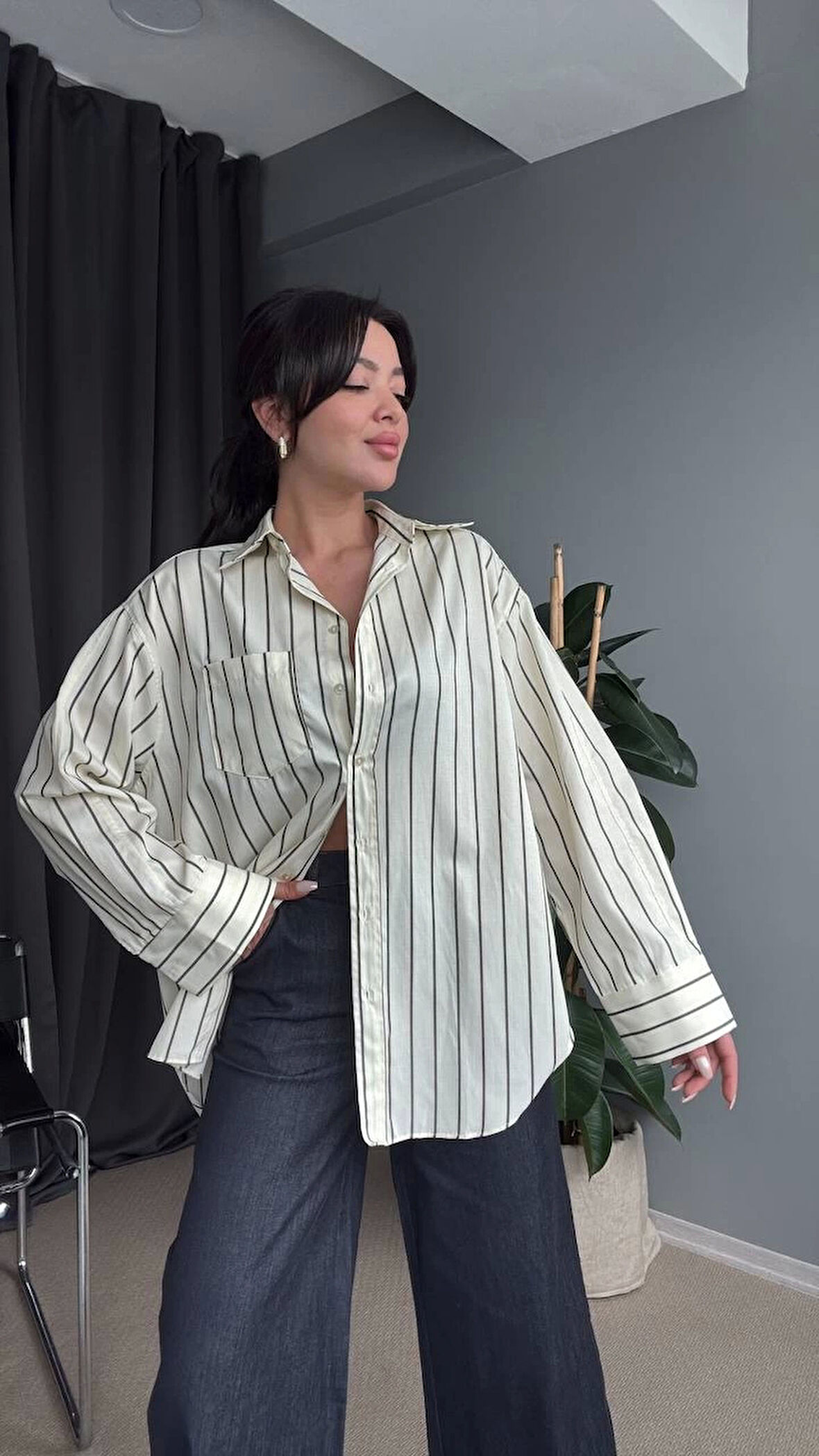 Açık Sarı Çizgili Oversize Uzun Kadın Gömlek