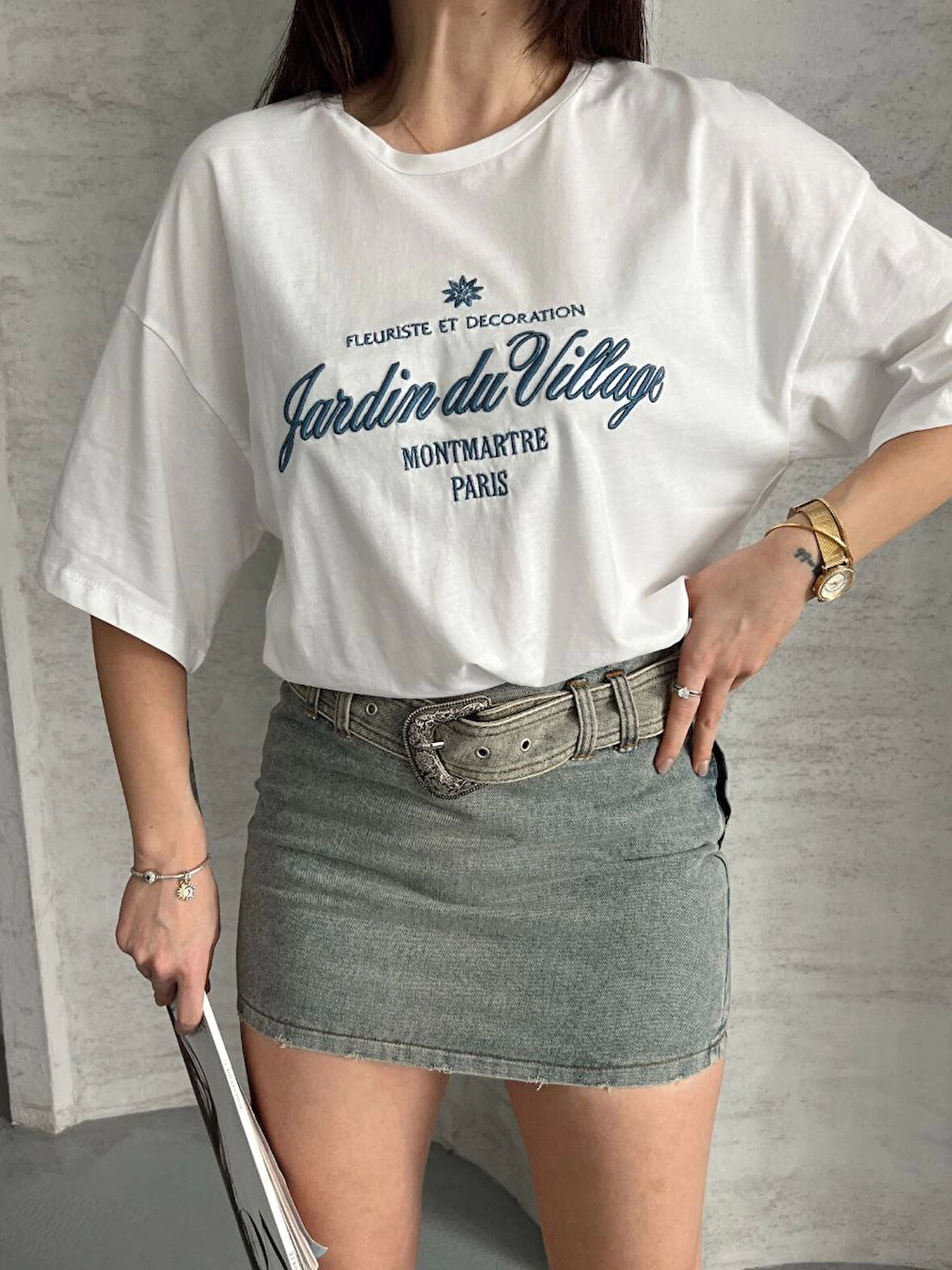 Jardin Nakışlı Oversize Suprem Basic Kadın T-shirt