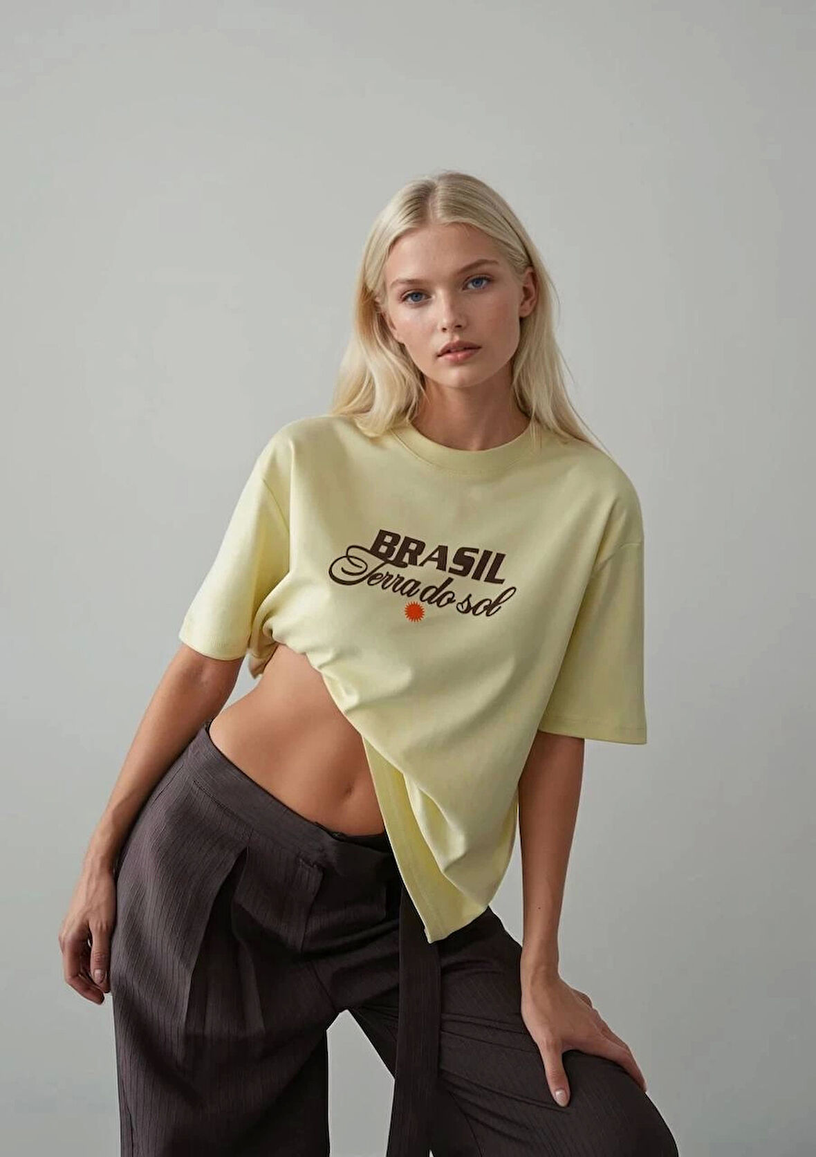 Oversize %100 Pamuk Brasil Rio De Janerio Baskılı Sarı Kadın Tshirt
