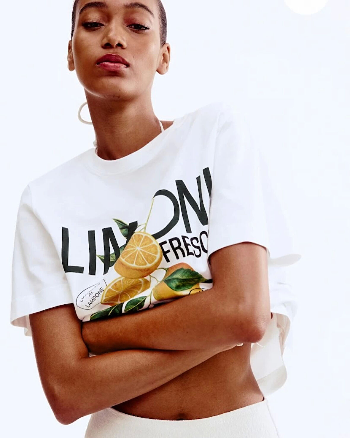 %100 Pamuk Limon Baskılı Beyaz Kadın Tshirt