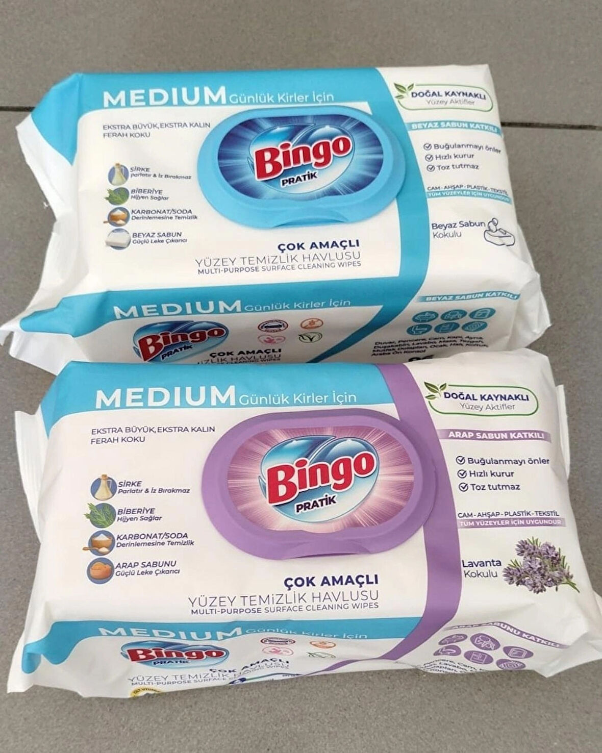 Bingo Pratik Yüzey Temizlik Havlusu Beyaz Sabun 96lı + Arap Sabunu Katkılı Lavanta 96lı 2'li Set