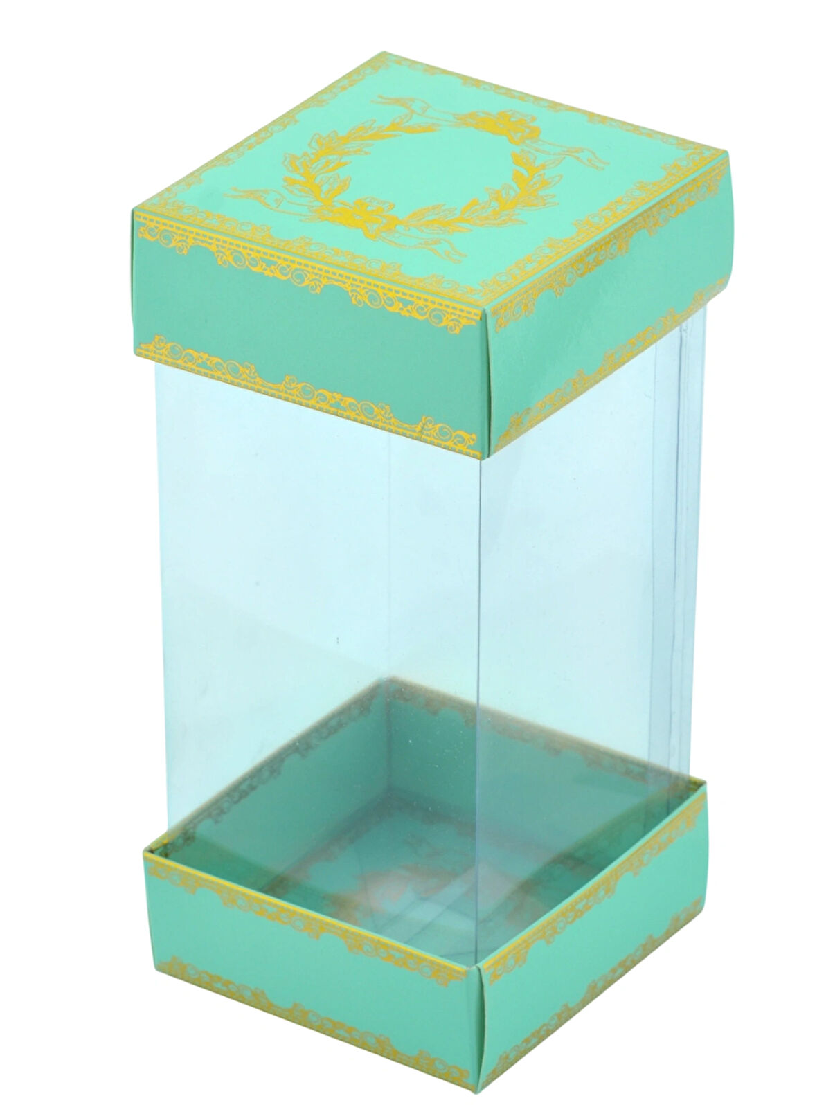 Hediyelik Alt Üst Karton Kapak Yeşil Gold Varaklı Arası Asetat Kutu (8CMX8CMX16.5CM)