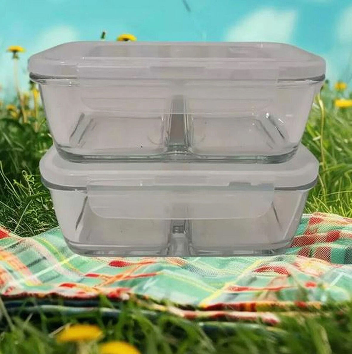 LA V Fresco Cam Kilitli Bölmeli Dikdörtgen Saklama Kabı 2'Li Set 720Cc Beyaz Kapaklı