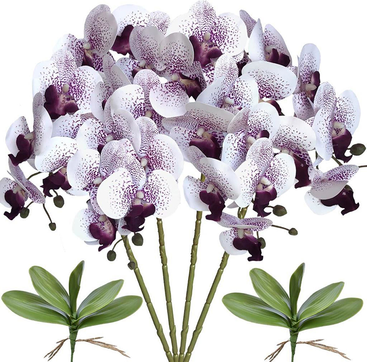 4lü Set Yapay Çiçek Beyaz Mor Çilli Islak Orkide ve 2 Adet Orkide Yaprağı Gerçeksi Doku Uzun Dal 90cm