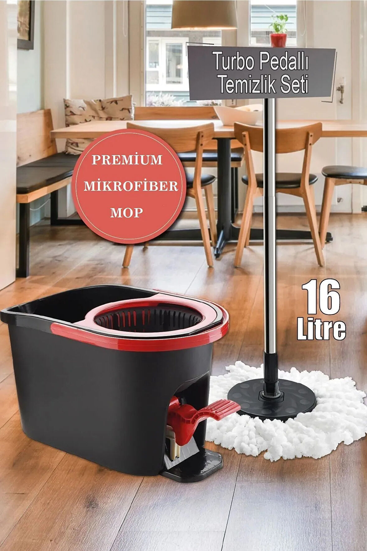 16 Lt Premium Turbo Pedallı Mop Temizlik Seti - Mikrofiber Mop 360° Döner Başlıklı Kova Paspas