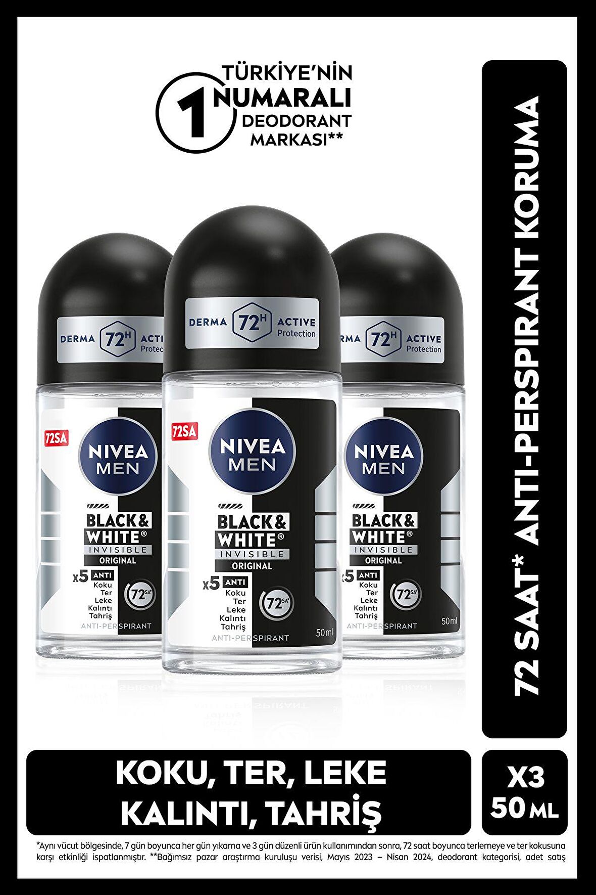 Nivea MEN Erkek Roll-on Deodorant Black&White Invisible Original 50ml, 72 Saat Anti-perspirant, X3 AdetSet