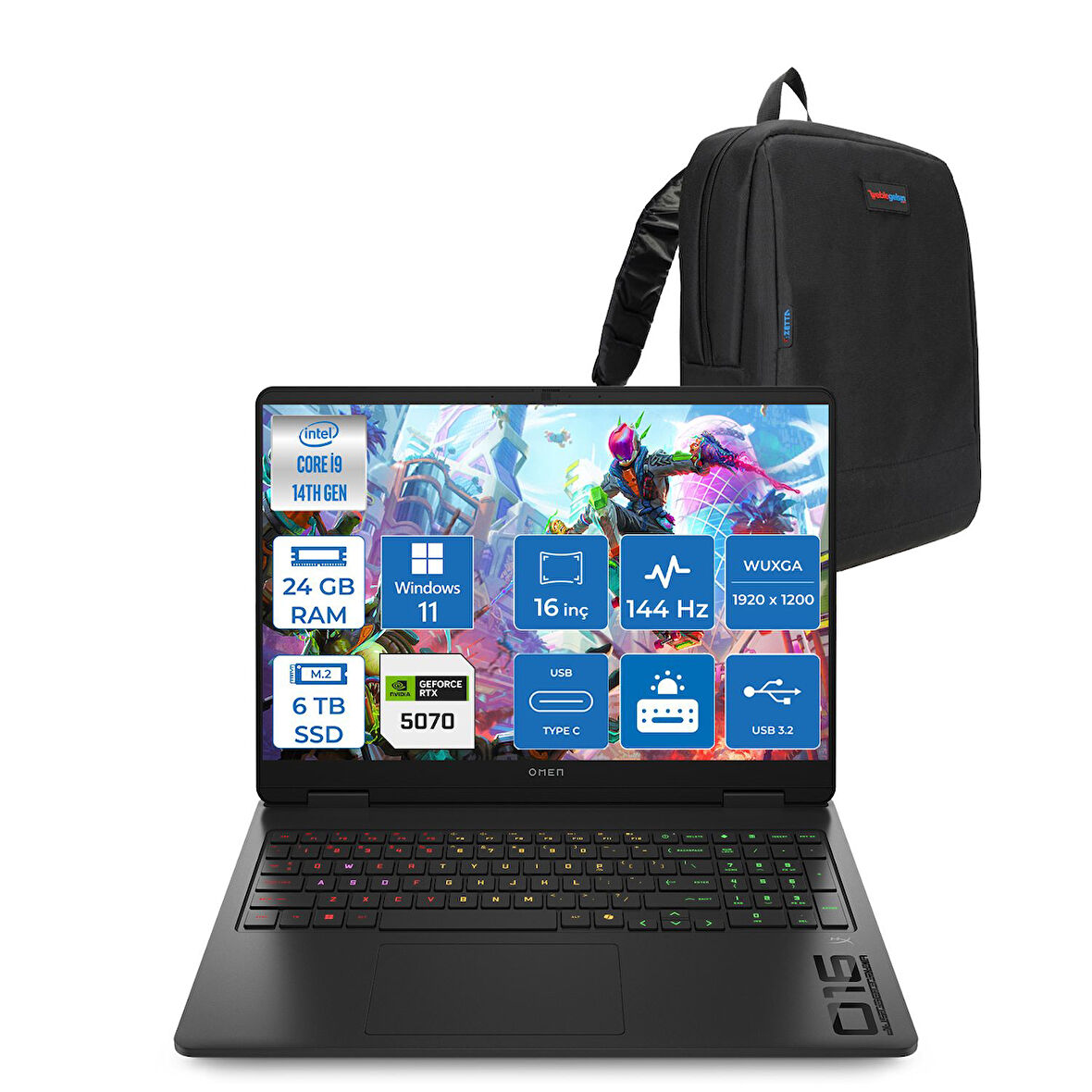 Hp Omen 16-AM0031NT Intel Core I9 14900HX 24GB Ddr5 6tb SSD RTX5070 8gb Gddr7 Windows 11 Home 16 Inç Wuxga (1920X1200) 144Hz 300NITS IPS Taşınabilir Bilgisayar C39J4EAH11 + Zetta Çanta