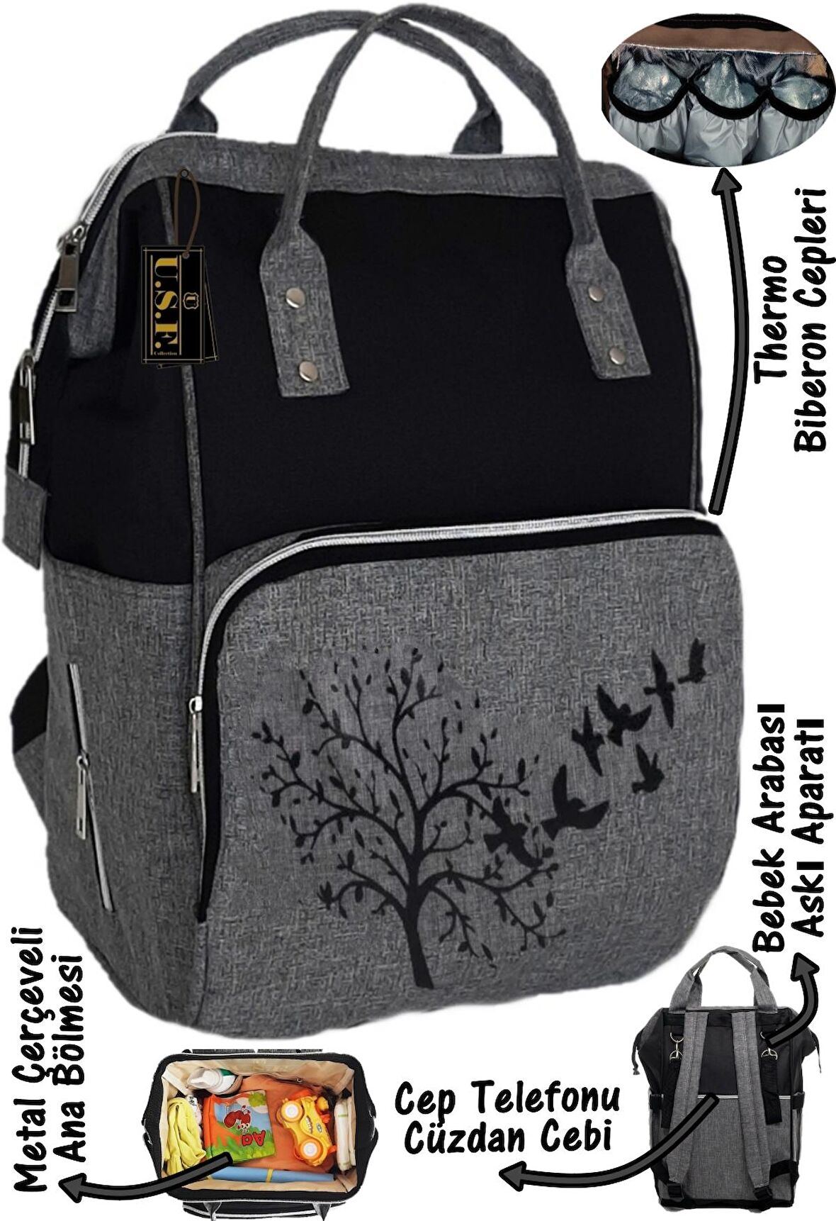 U.S.F. Kuş Çok Amaçlı Unisex Bebek Bakım Çantası Gri