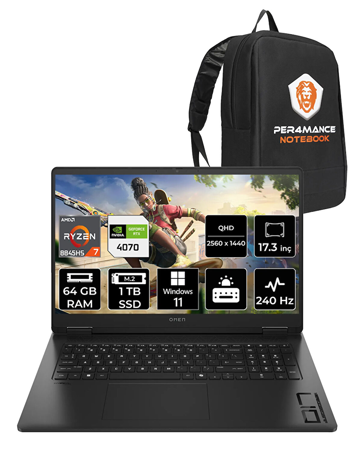 HP OMEN 17 R7 8845HS 64GB RAM 1TB SSD RTX4070/8GB 240Hz 17.3'' QHD W11P Gaming Laptop & PER4 ÇANTA