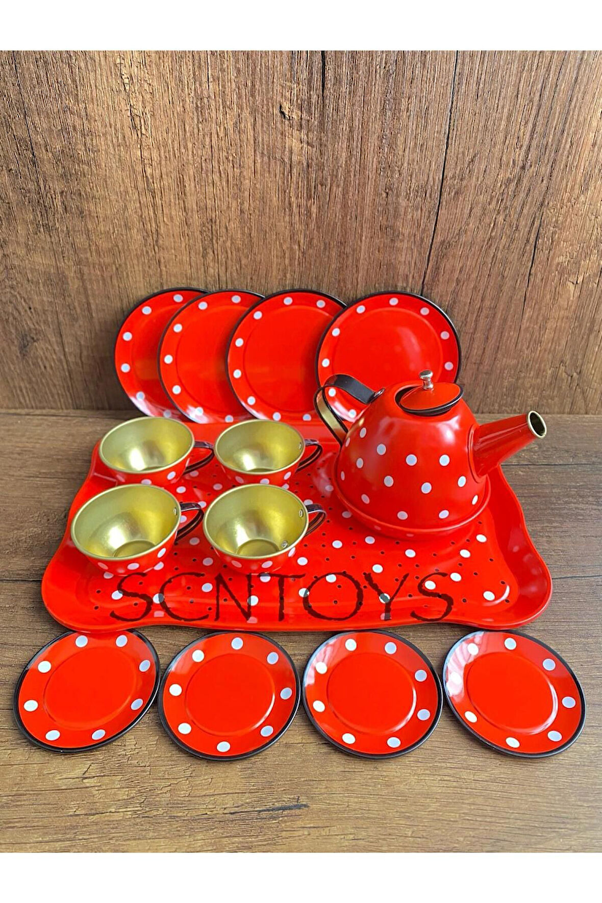 Kutulu 15 Parça Çay Seti Fincan Takımı Metal Evcilik Oyunu Kırmızı Puantiyeli Oyuncak Çay Seti