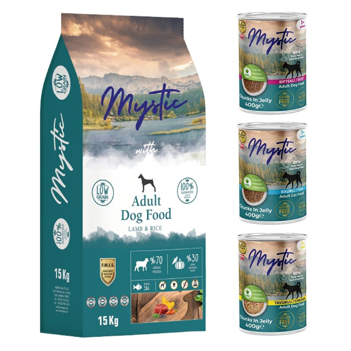Mystic Kuzu Etli Köpek Maması 15 kg + 3 Adet Konserve