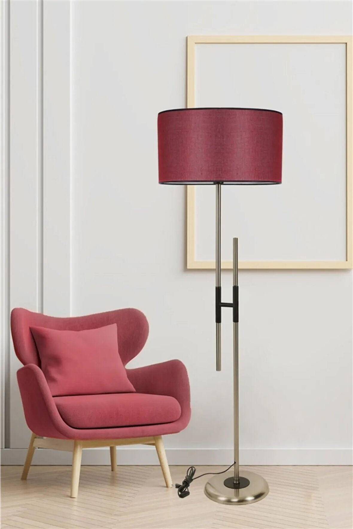 FELİX MAT KROM LAMBADER SİLİNDİR HASIR BORDO ABAJURLU