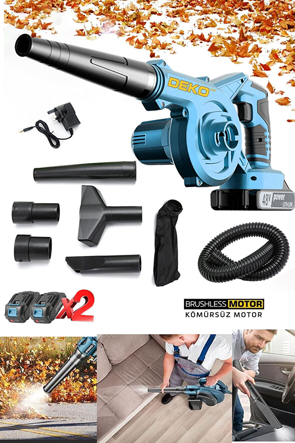 Çok Fonksiyonlu Yaprak Üfleme Toz Toplama Makinesi Lithum 40V Çift Bataryalı Hortumlu Full Set