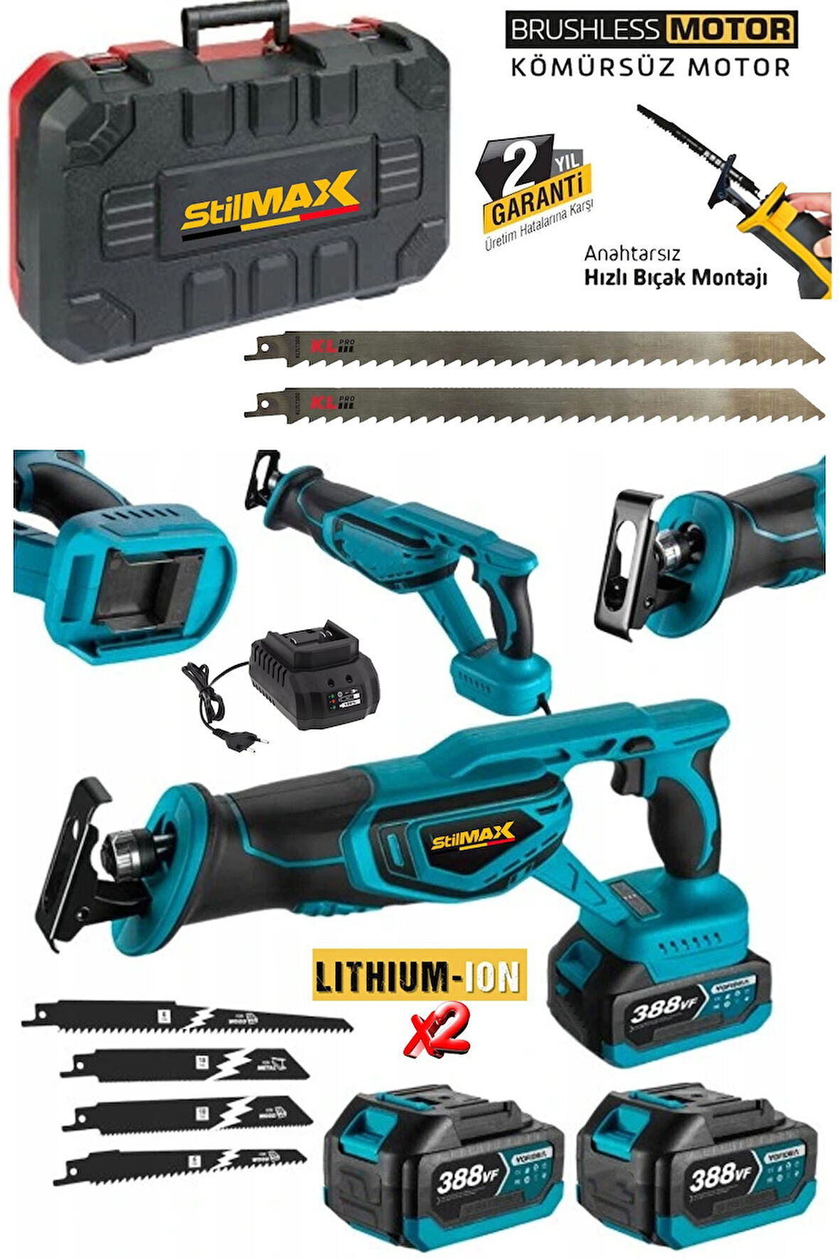 388vf 10ah Çift Akülü Kömürsüz Motor Çelik Şanzımanlı Akülü Tilki Kuyruğu Testere + 7 Ad Bıçak Seti