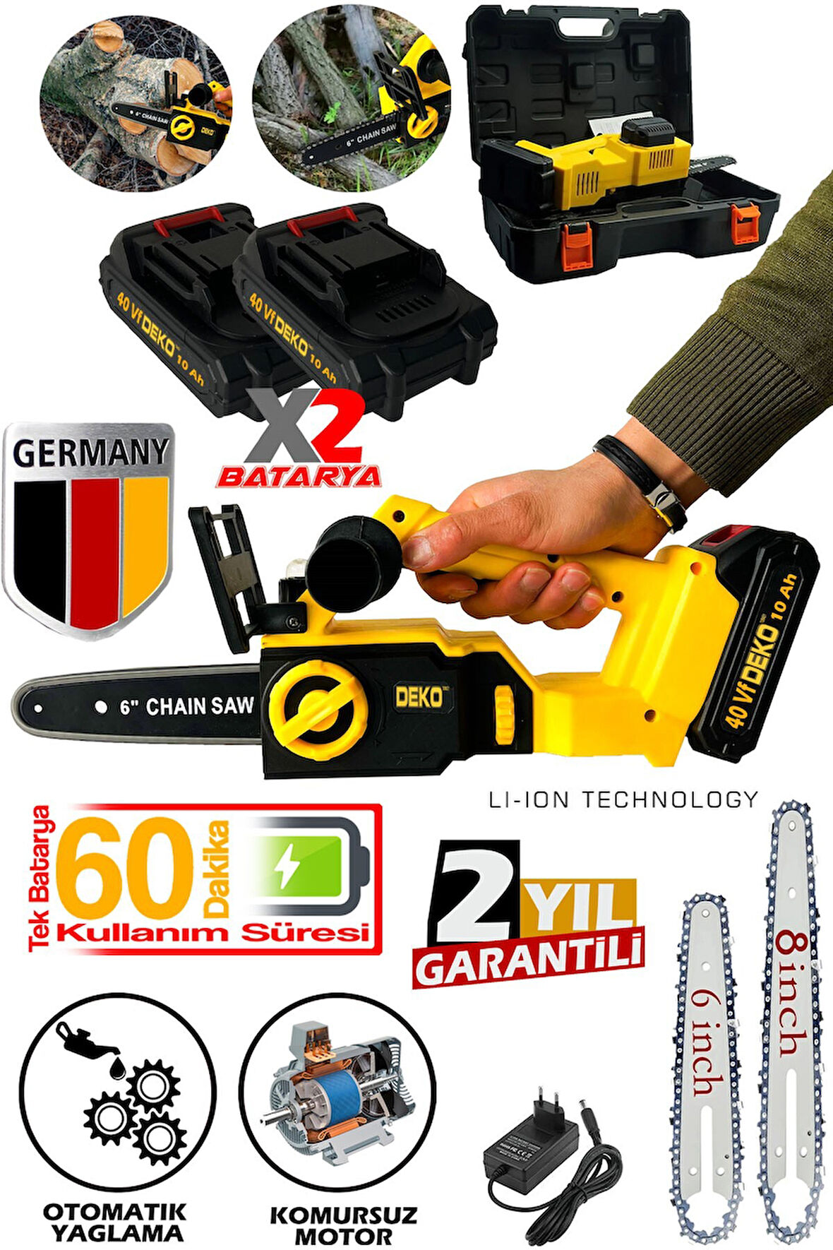 Çift Akülü Profesyonel Dal Budama Testeresi Şarjlı Ağaç Kesme Testeresi 40VF Çift Palalı Set