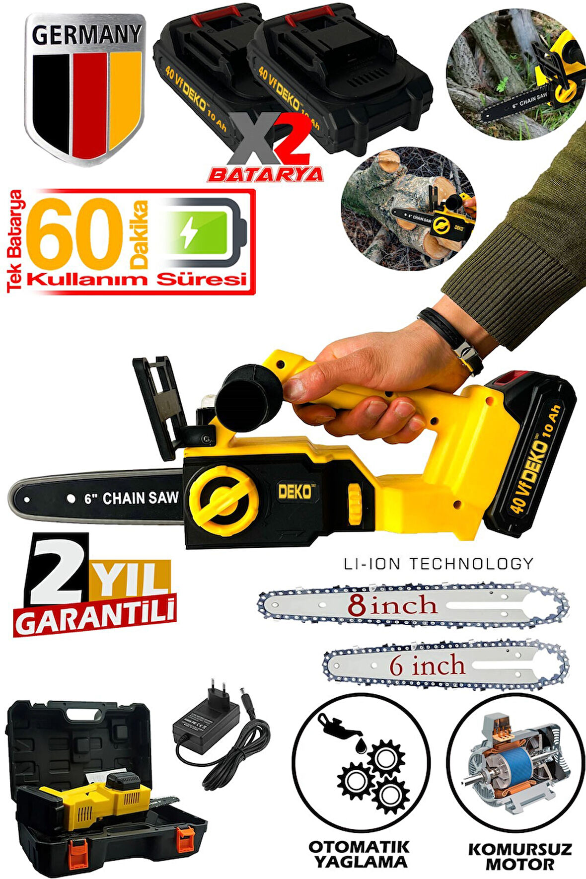 Şarjlı Dal Budama Kesme Testeresi Çift Palalı x2 Akü 40VF Kömürsüz Motor Ağaç Kesme Testeresi