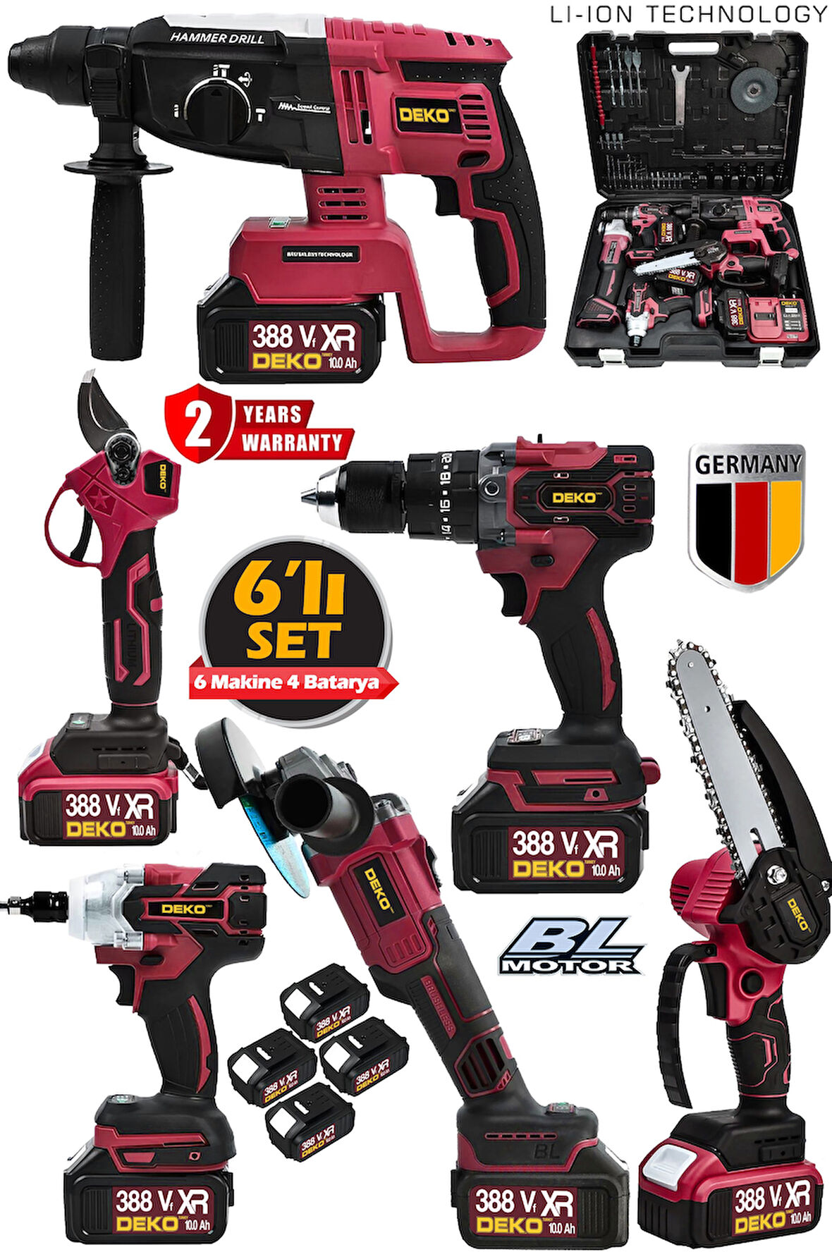 388VF Kömürsüz Brushless 6'lı Set 4 Akülü Somun Sökme-Taşlama-Darbeli Vidalama-Dal Budama & Makas