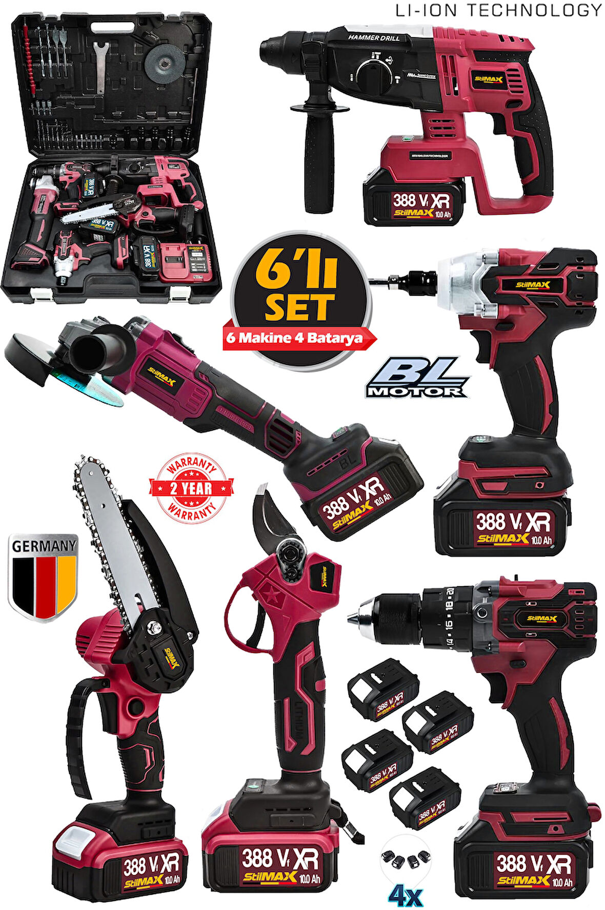 388VF 10AH 6'lı Set Kırıcı Delici Matkap Taşlama Somun Sökme Dal Budama Makas Akülü Profesyonel Set