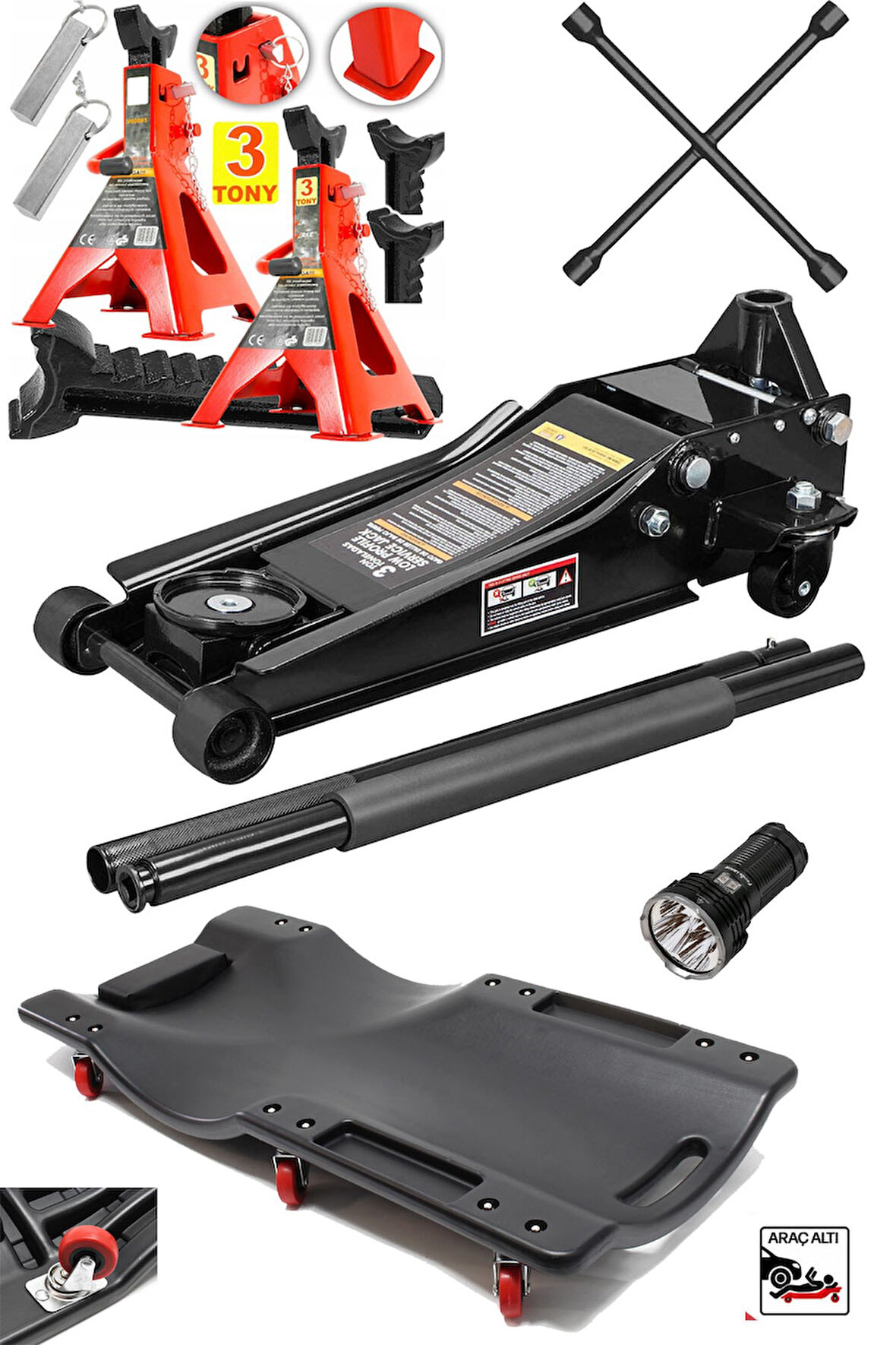 Oto Tamirci Garaj Bakım Seti 3Ton Düşük Profil Kriko + Tamirci Kızağı + 3Ton Sehpa Kriko + Bijon
