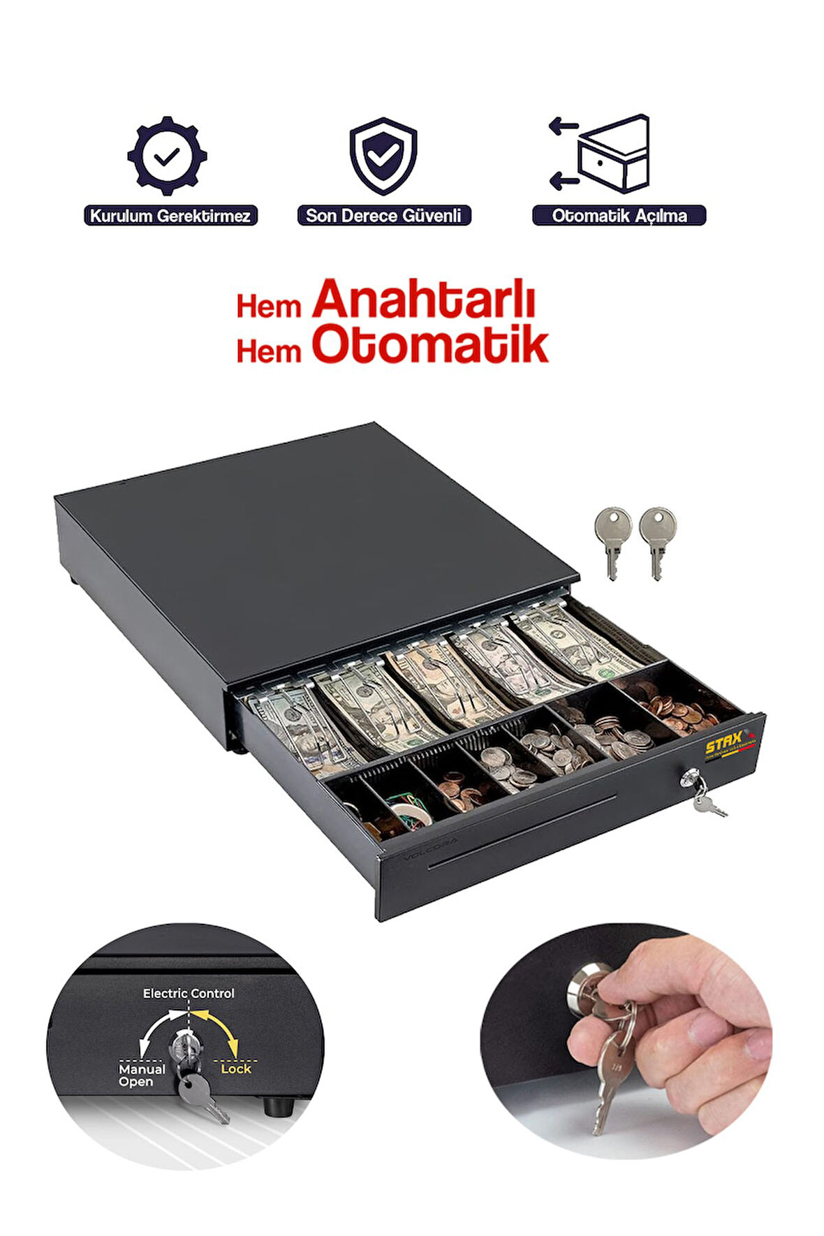 POS Uyumlu Çelik Para Çekmecesi – Büyük Boy 41×41 cm, 5 Banknot ve 5 Madeni Para Gözlü