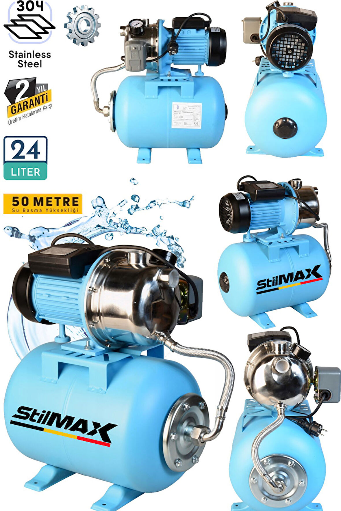 Metal Dişli Sistem Otomatik Paket Hidrofor 24Lt Tank + 1.5HP Paslanmaz Bakır Sargılı Jet Motor Seti