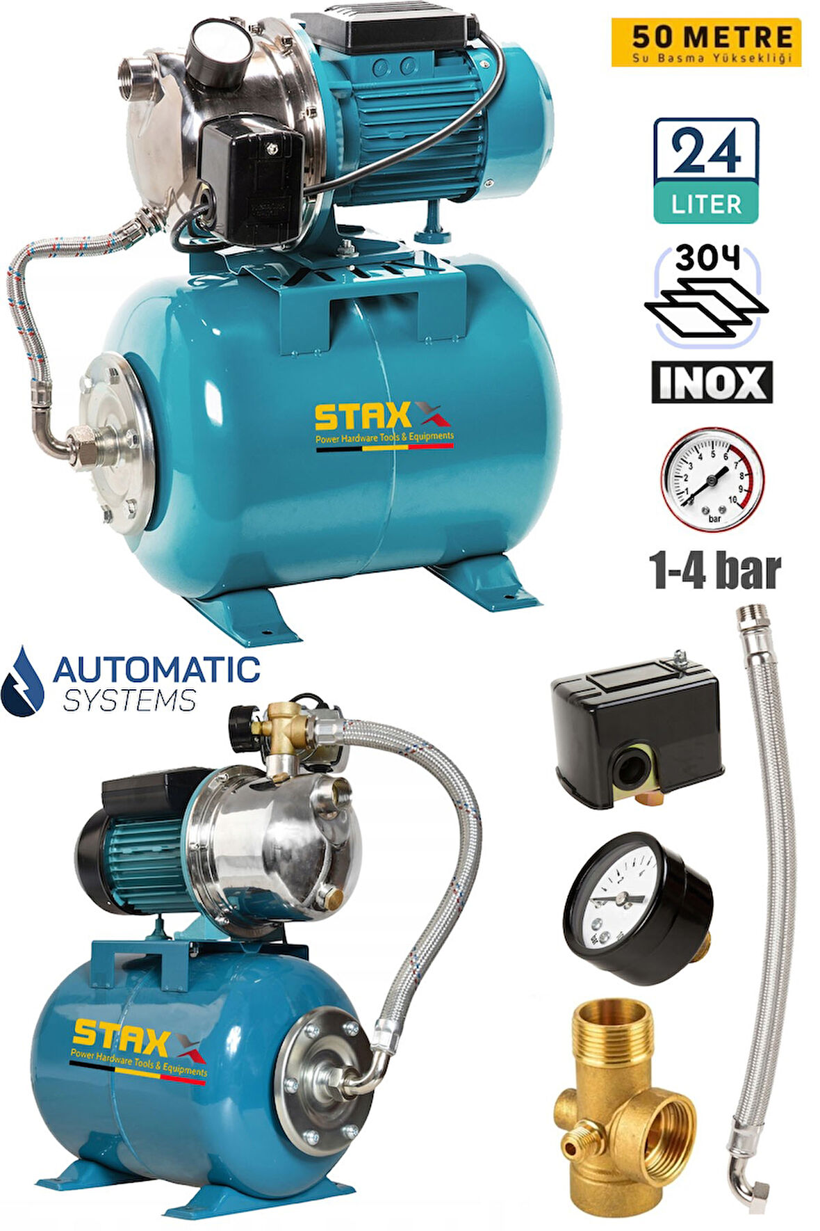 Jet 1.5 Hp 4 Kat 4 Daire 24 Litre Yatay Paslanmaz Gövde Tanklı Hidrofor Ev Tipi Otomatik Hidrofor