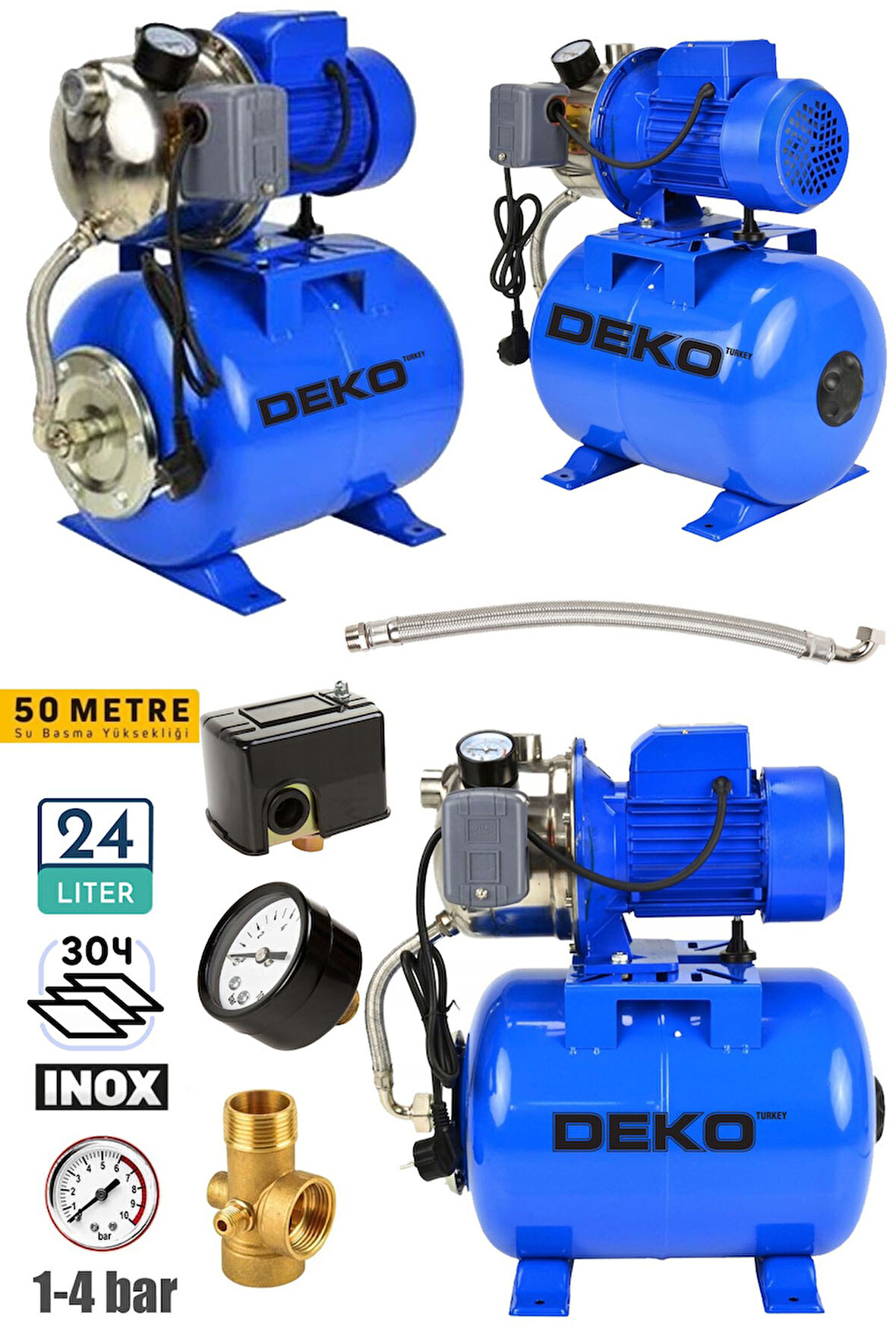 1.5 HP Paslanmaz Jet Pompalı Su Pompası + 24Lt Yatay Küre Tank Seti Otomatik Hidrofor Su Pompası