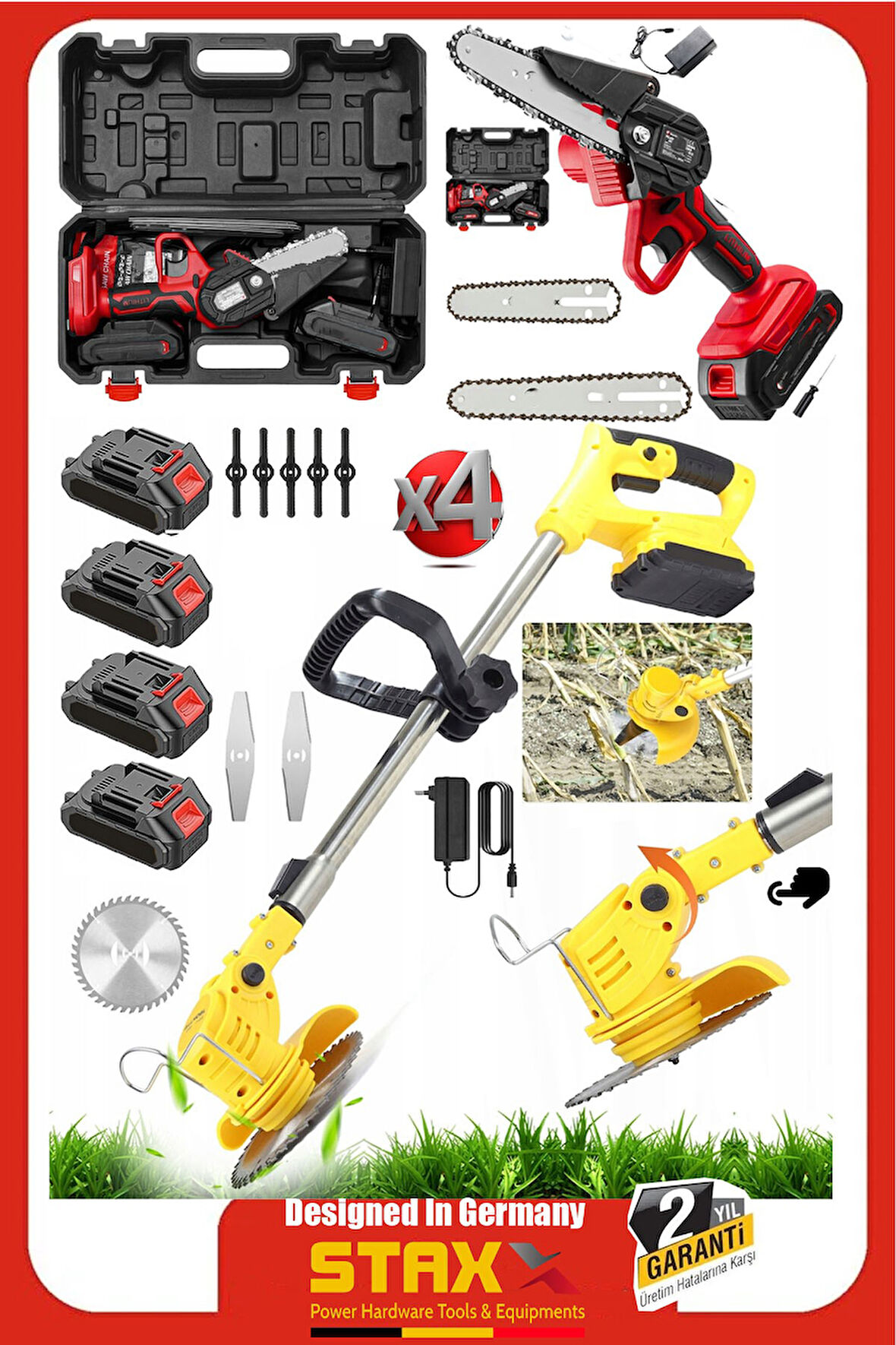 US21 Wolt 4x Akülü Süper Şarjlı Ağaç Dal Kesme Budama Testeresi Ot Çayır Çim Biçme Kesme Makinesi