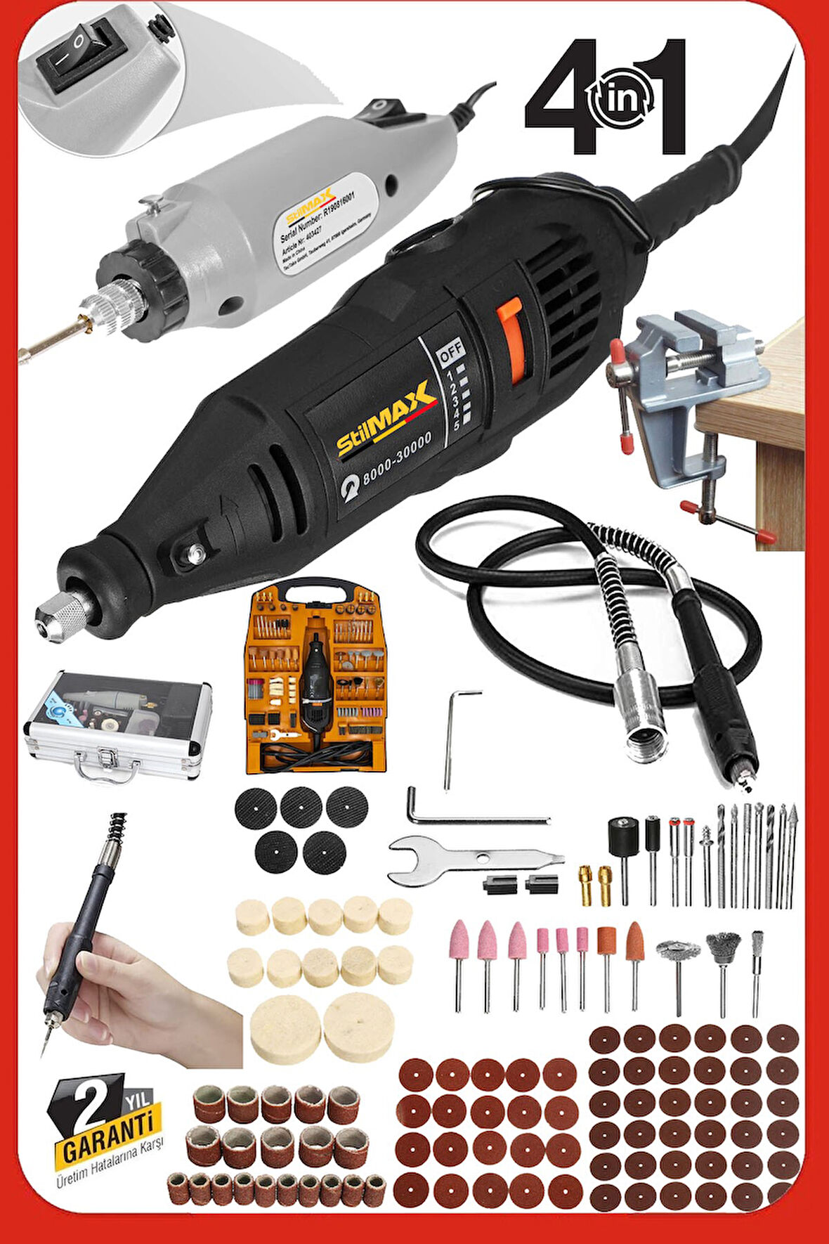 Italy Super362 362 Parça 500W Devir Ayarlı Çift Adet Gravür Oyma Makinesi Dremel Taşlama Zımpara Set