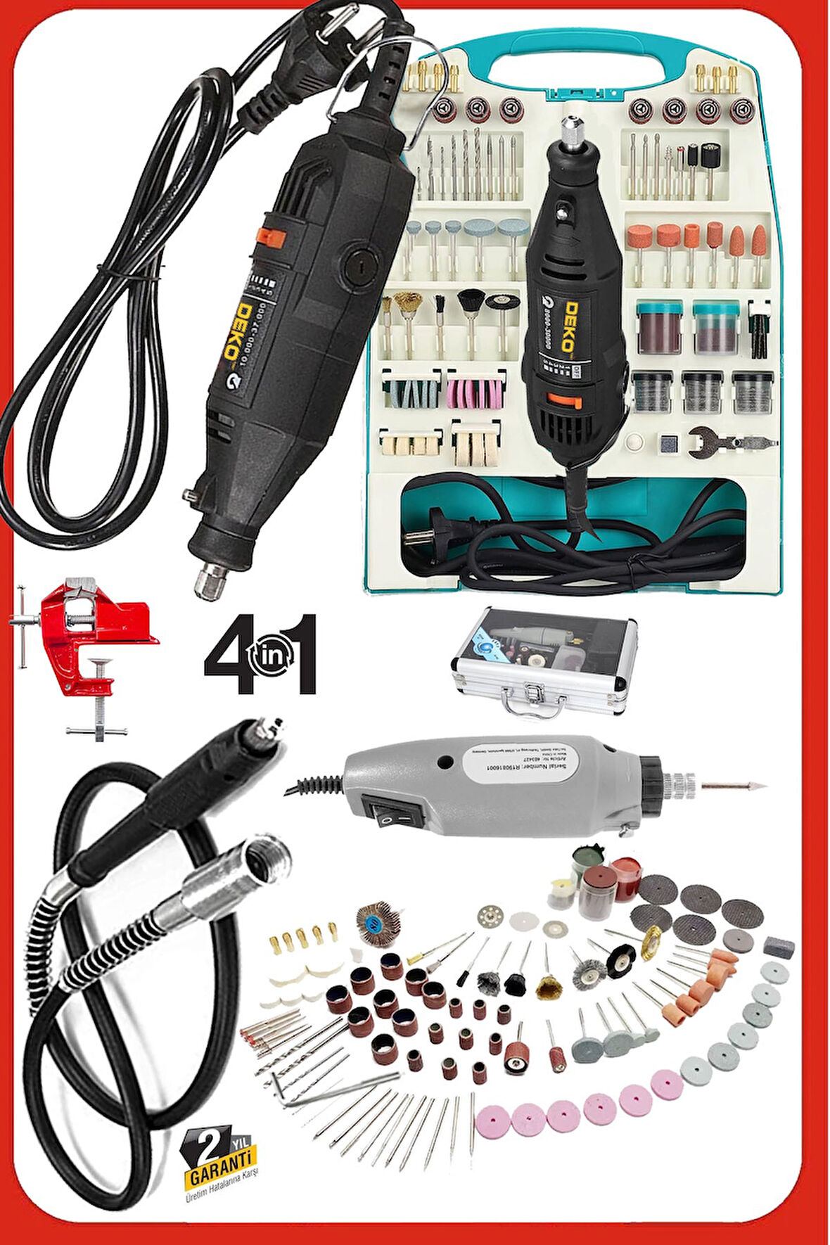 Çift Makine 500 Watt 362 Parça Hobi Gravür Oyma Taşlama Zımpara Gravür Seti + Mengene Hediyeli 4IN1