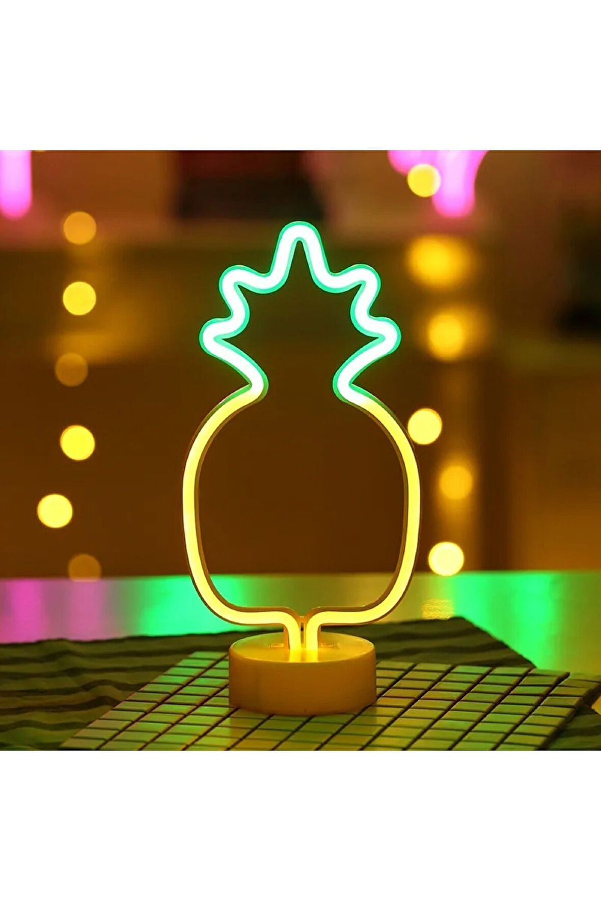 Büyük Boy Pilli Ananas Neon Çift Renkli Led Işıklı Masa Ve Gece Lambası Dekoratif Aydınlatma