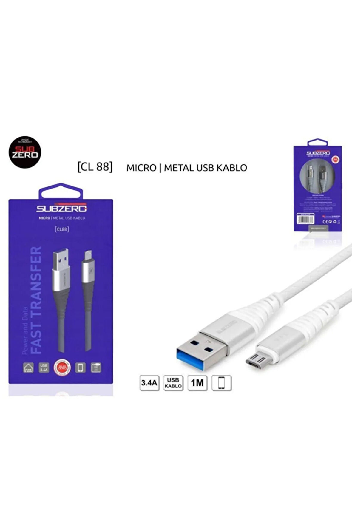 Cl88 Micro 3.4a Metal Başlık Hızlı Şarj Kablosu - Beyaz