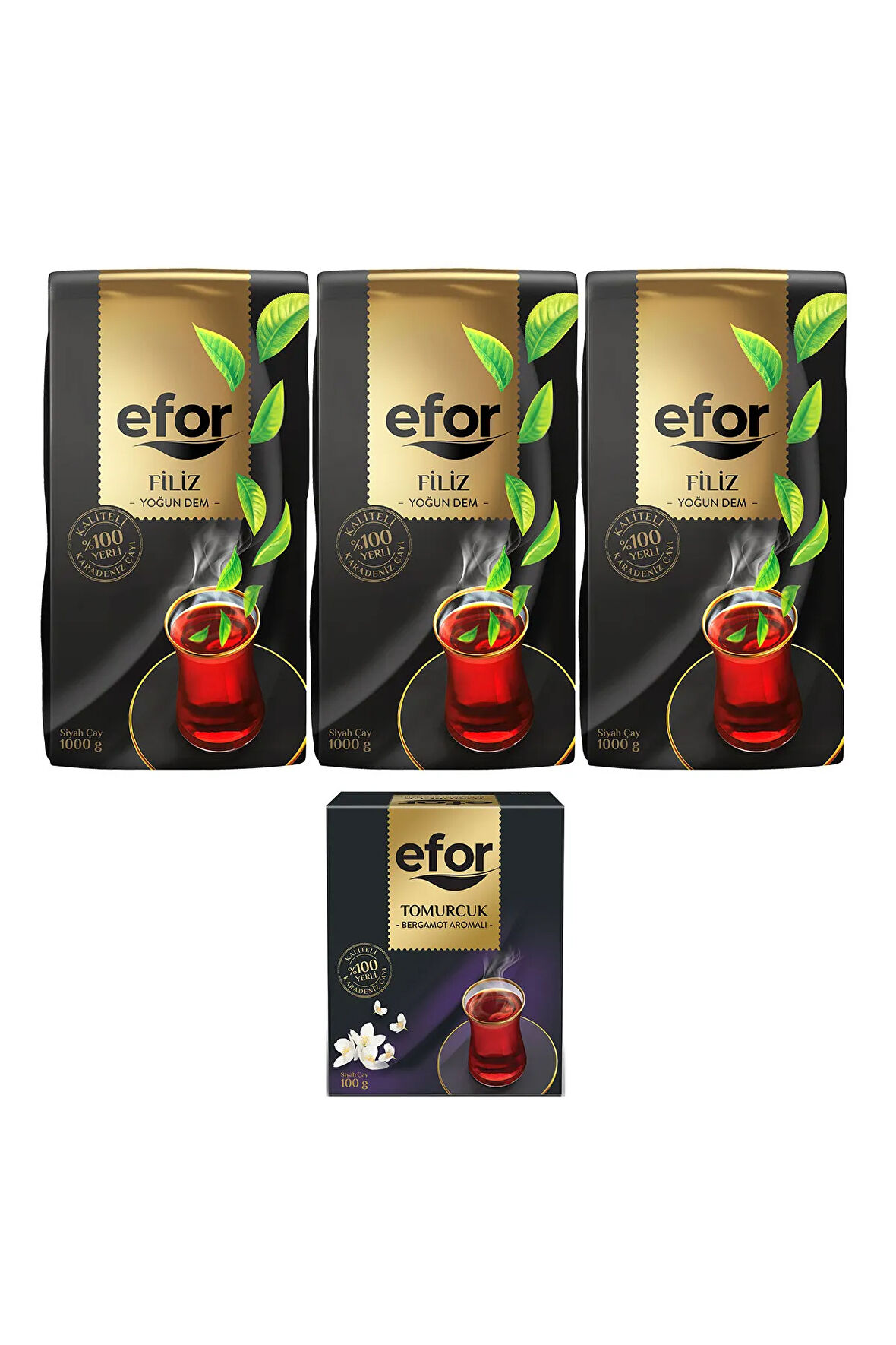 Efor Filiz Siyah Dökme Çay 1.000gr X 3 Adet + Tomurcuk Bergamot Aromalı 100gr