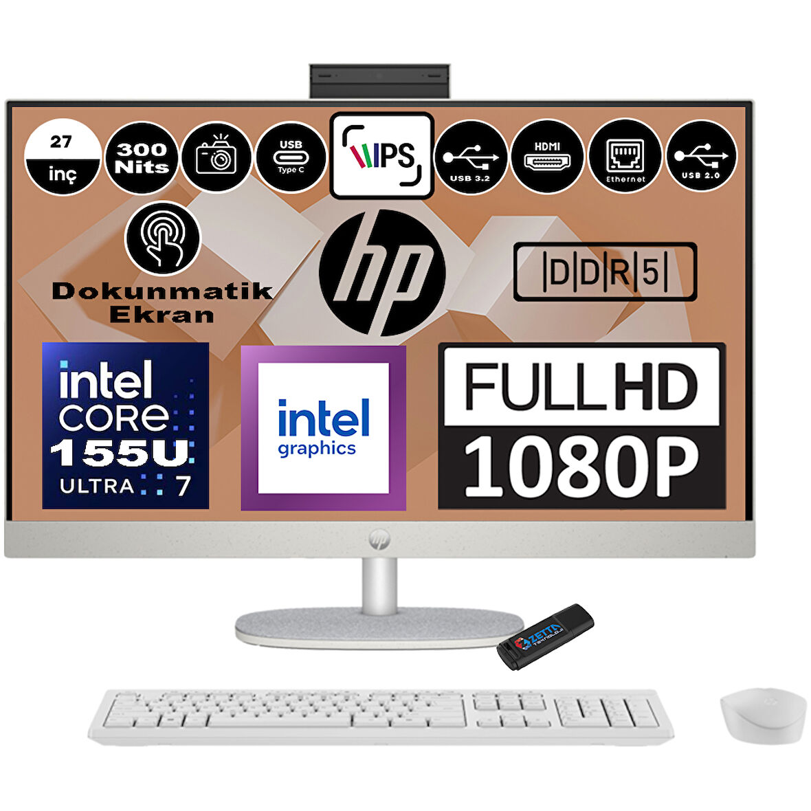 Hp 27-CR1021NT Intel Core Ultra 7 155U 32GB Ddr5 1tb SSD Windows 11 Home Intel® Aı Boost 27 Inç Dokunmatik IPS Fullhd All In One Bilgisayar 9W334EAH10+ Zetta Flash Bellek