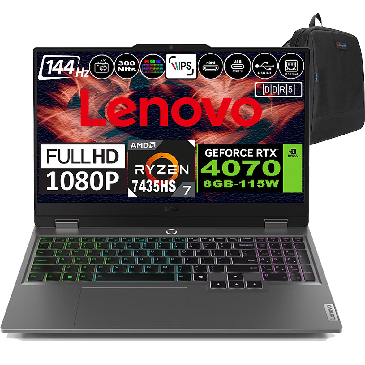 Lenovo Loq 15ARP9 Amd Ryzen 7 7435HS Ddr5 96GB 4tb SSD RTX4070-8GB 300NITS 15.6" 144Hz Fhd Windows 11 Home Taşınabilir Bilgisayar 83JC00CUTRH16 + Zetta Çanta