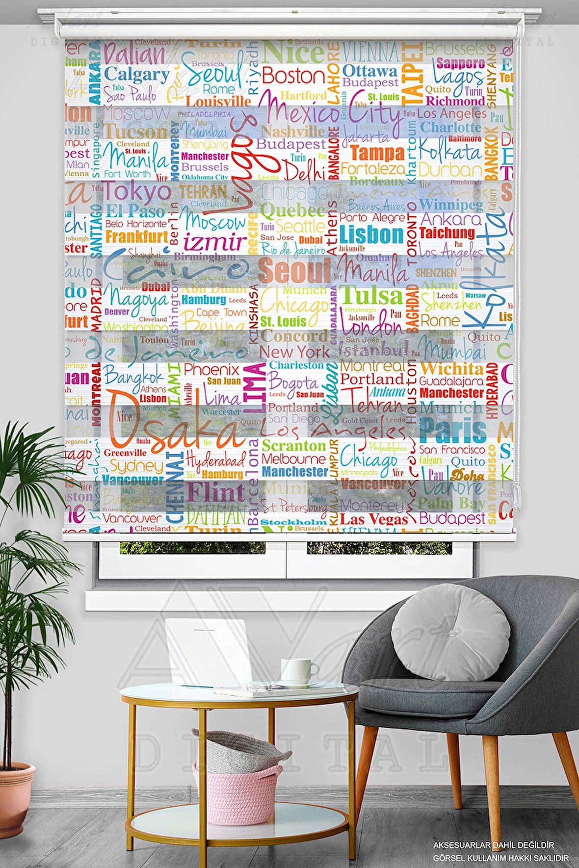 Dünya Şehirleri Baskılı Zebra Stor Perde - Renkli - Dijital Baskılı Zebra Perde