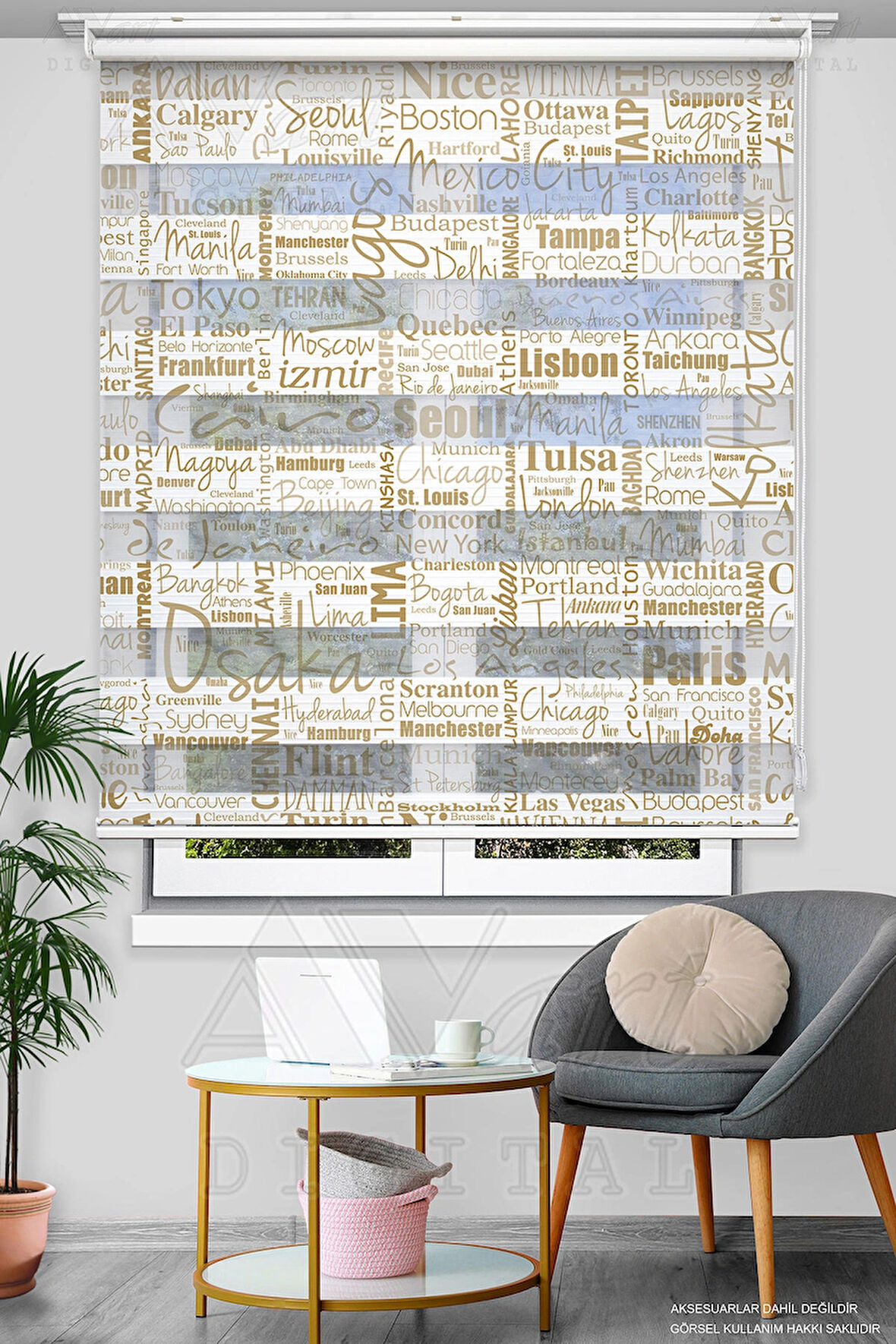 Dünya Şehirleri Baskılı Zebra Stor Perde - Krem Açık Kahverengi - Dijital Baskılı Zebra Perde
